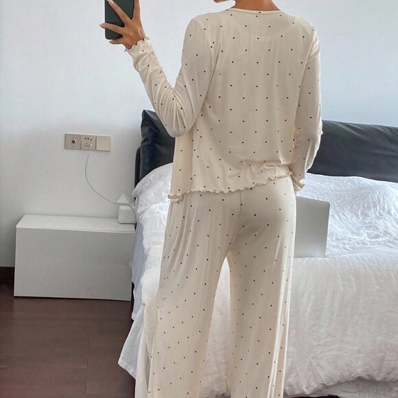 Beige Casual Women's Polka Dot Long Sleeve Button-Up Pajama Set - Picture 2 of 7